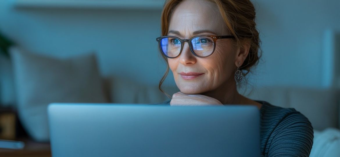 une femme avec lunette devant son ordinateur